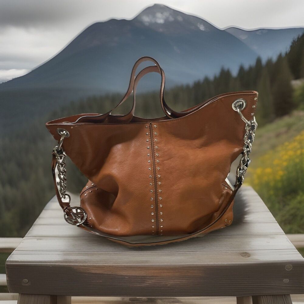 Michael Kors Uptown Astor Shoulder Silver Stud Bag Cognac Hobo AQ 1202 Excellent